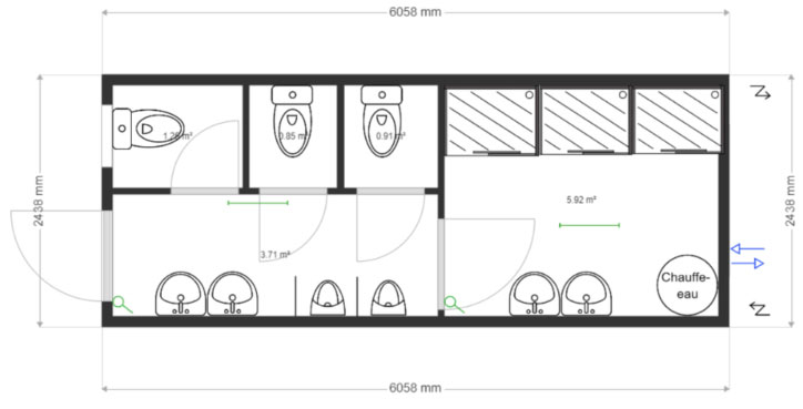 Module sanitaire 20' 3 Douches + 3 WC